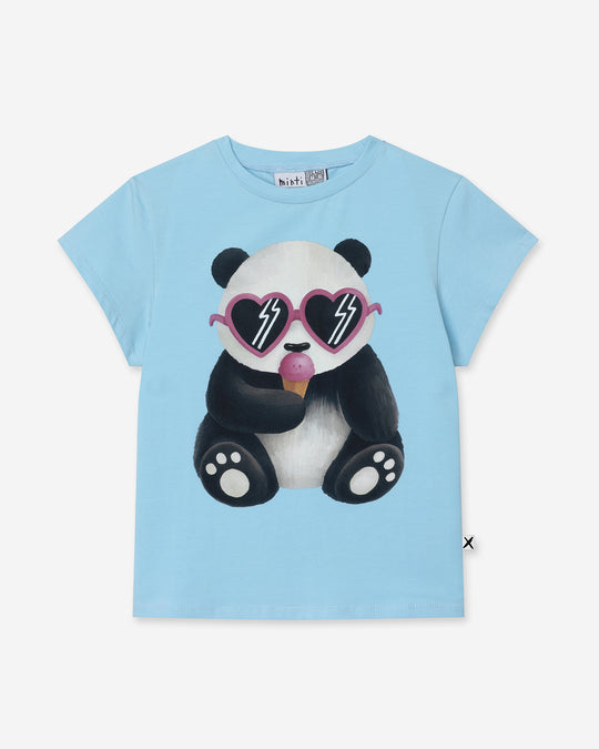 Icecream Panda Tee in light blue, girls t shirt by Minti, flat lay