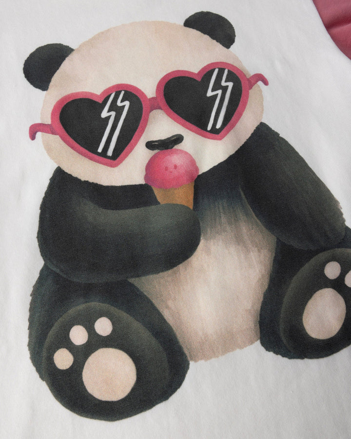 Close up of the Icecream Panda Tee print in white and candy