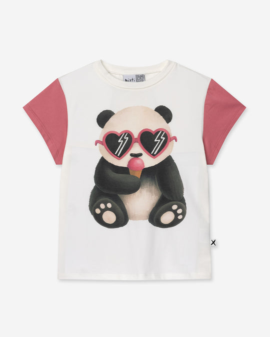 Icecream Panda Tee in white and candy, girls t shirt by Minti, flat lay