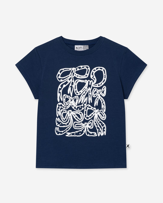 Messy Bows Tee in ink, girls t shirt by Minti, flat lay