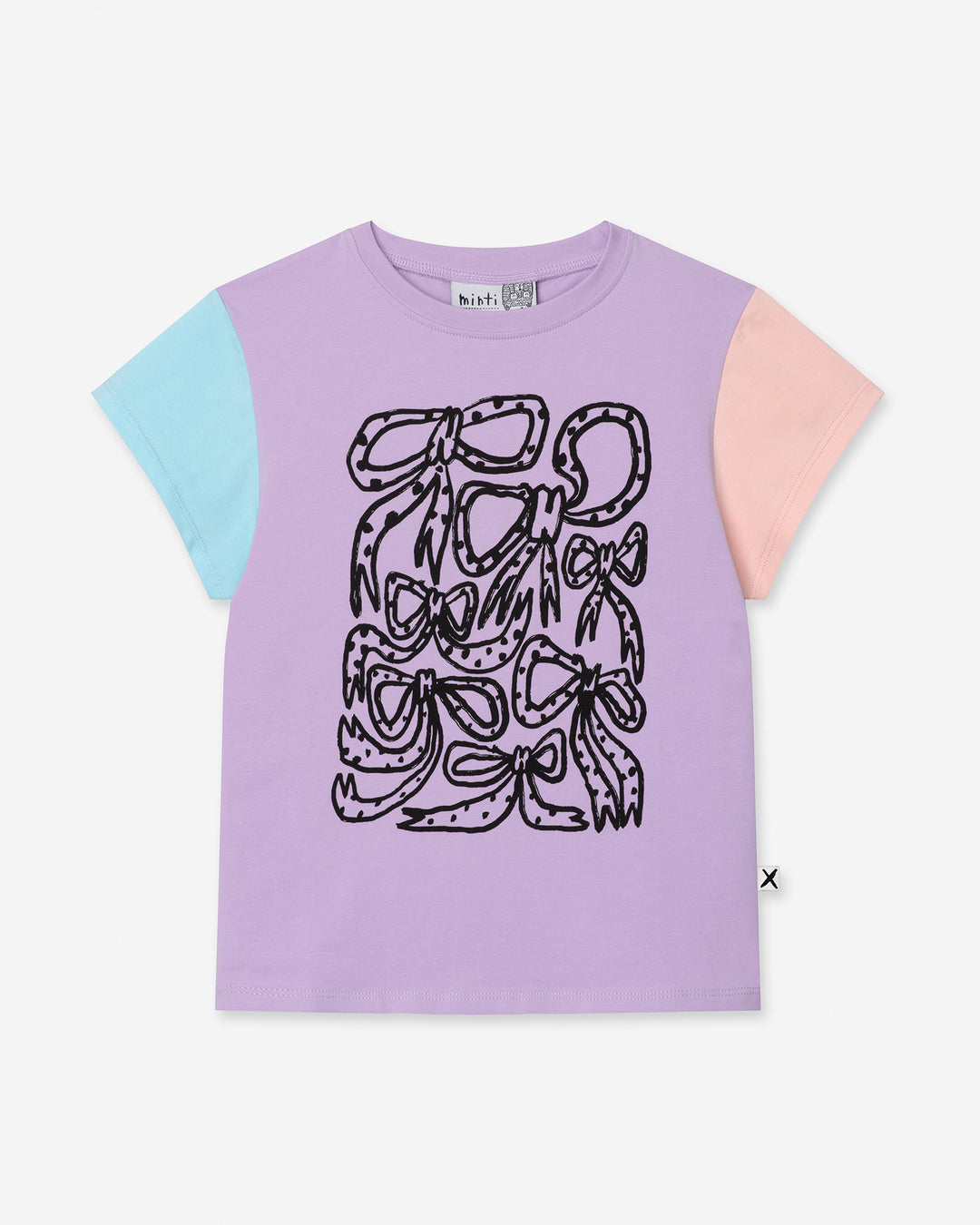 Messy Bows Tee in lilac, aqua and pink, girls t shirt by Minti, flat lay
