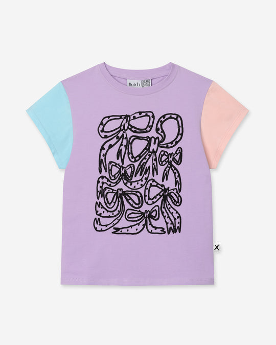 Messy Bows Tee in lilac, aqua and pink, girls t shirt by Minti, flat lay