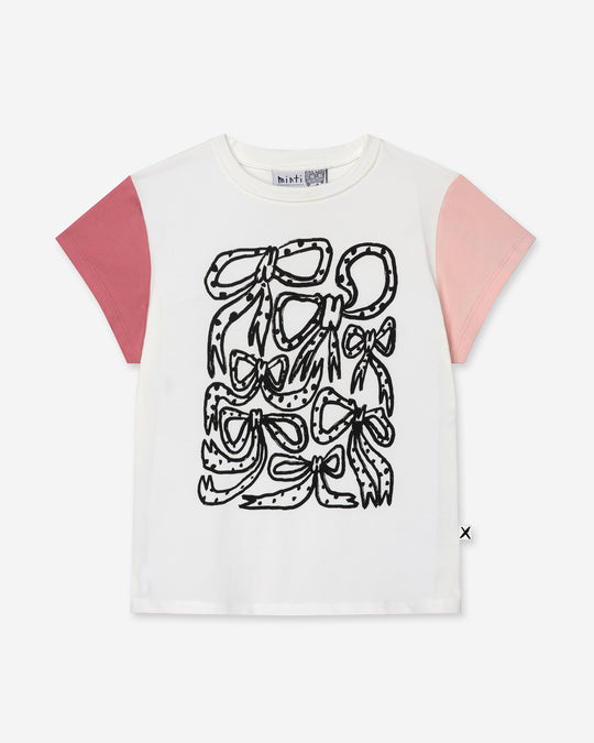 Messy Bows Tee in white and pinks, girls t shirt by Minti, flat lay