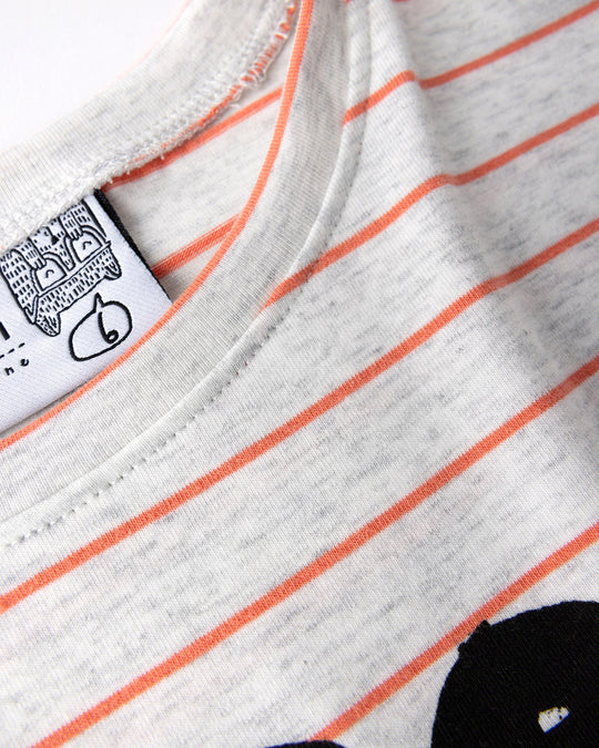 Close up detail of the Super Duper Cool Tee in marle and coral stripe