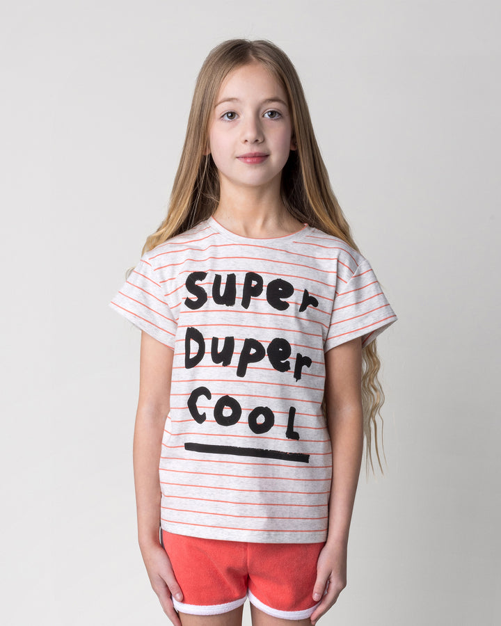 Close up of the Super Duper Cool Tee in marle and coral stripe on a kid, front view