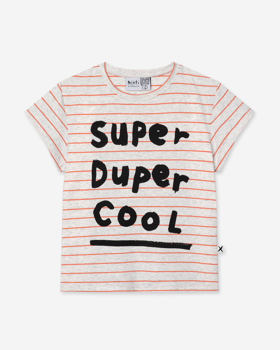 Super Duper Cool Tee in marle and coral stripe, girls t shirt by Minti, flat lay