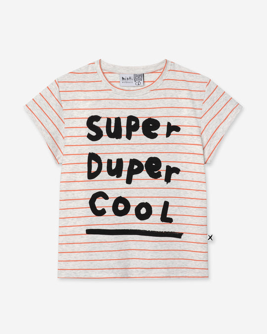 Super Duper Cool Tee in marle and coral stripe, girls t shirt by Minti, flat lay
