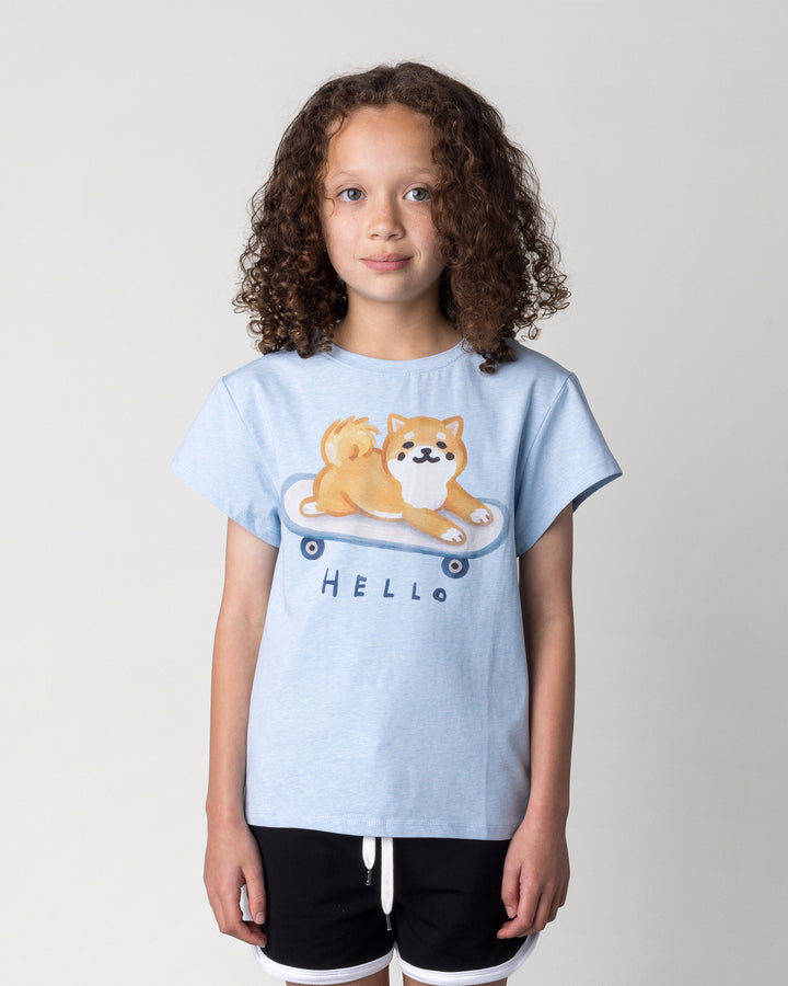 Close up of the Skate Puppy Tee in light blue marle on a kid, front view