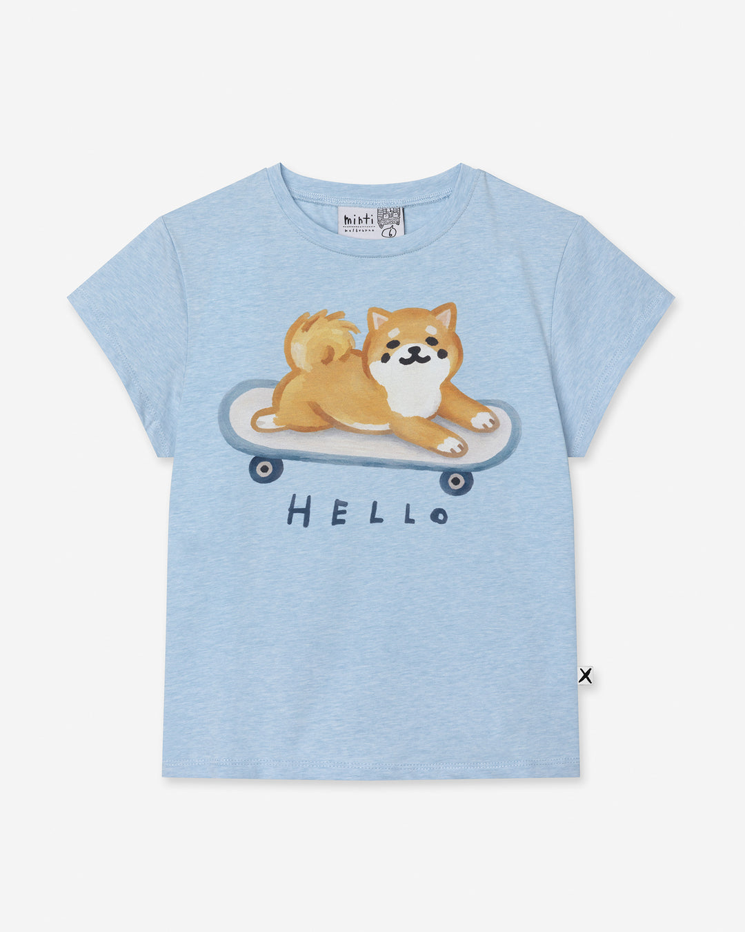 Skate Puppy Tee in light blue marle, girls t shirt by Minti, flat lay