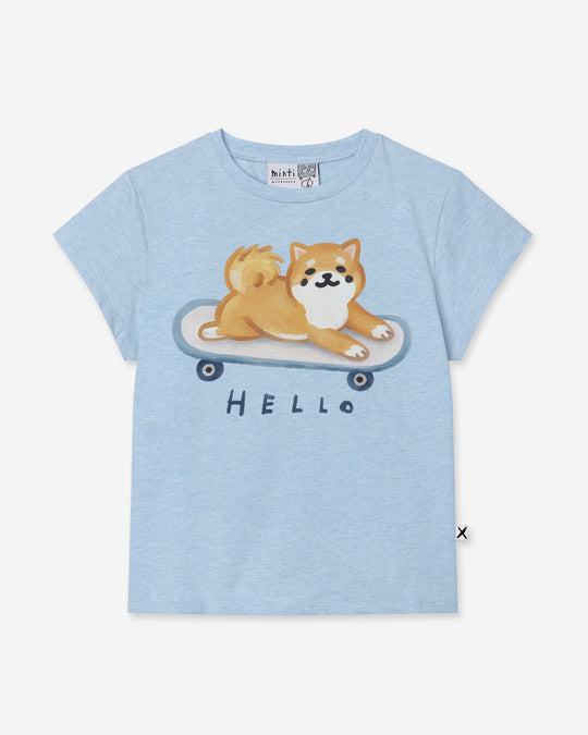 Skate Puppy Tee in light blue marle, girls t shirt by Minti, flat lay