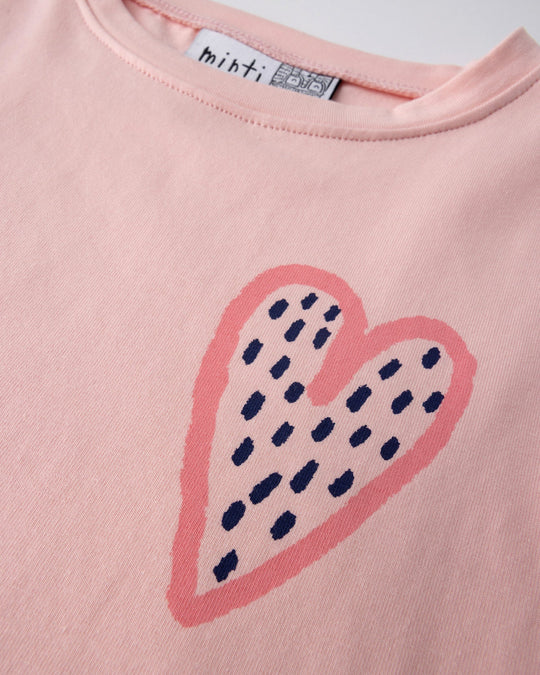 Close up of the Speckle Heart Tee print in pink