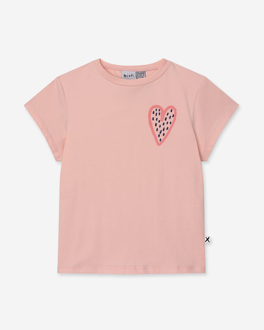 Speckle Heart Tee in pink, girls t shirt by Minti, flat lay