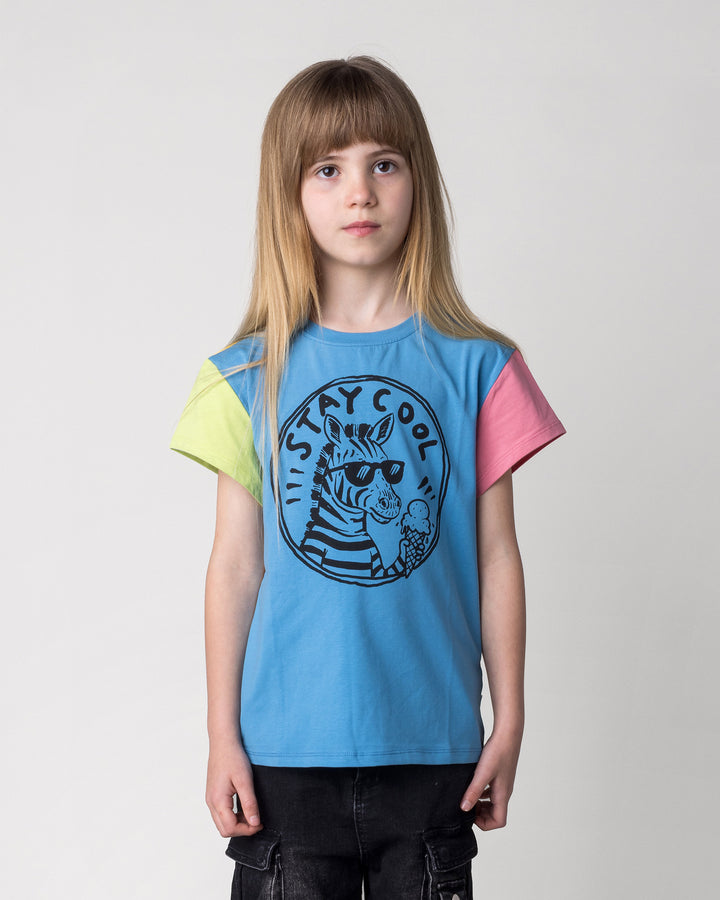 Close up of the Stay Cool Tee in multi on a kid, front view