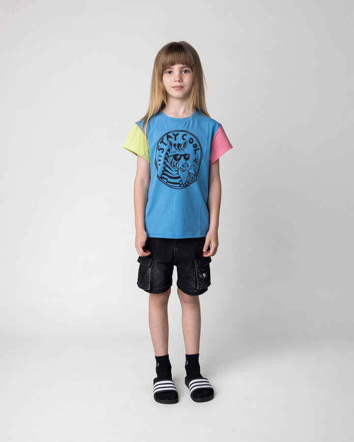 Kid wearing the Stay Cool Tee in multi, front view