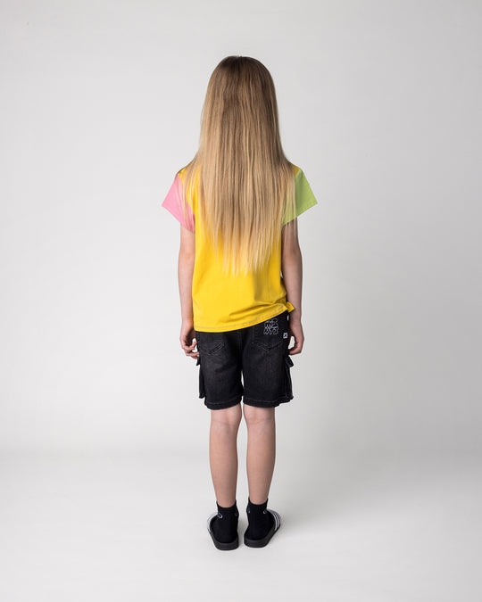 Kid wearing the Stay Cool Tee in multi, back view