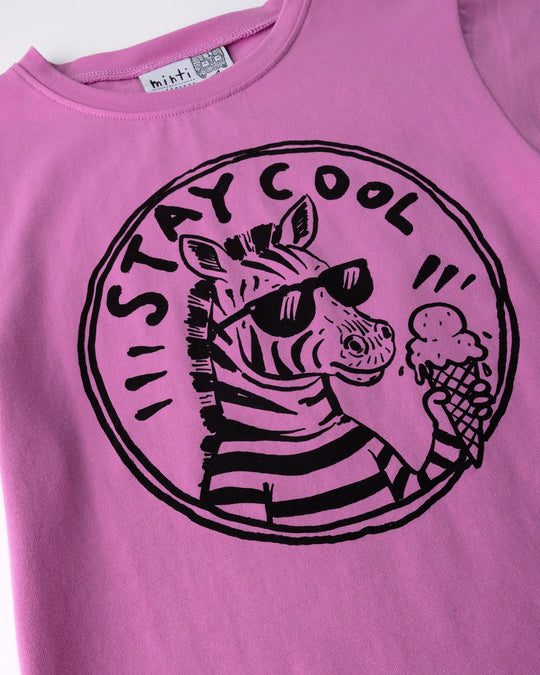 Close up of the Stay Cool Tee print in violet