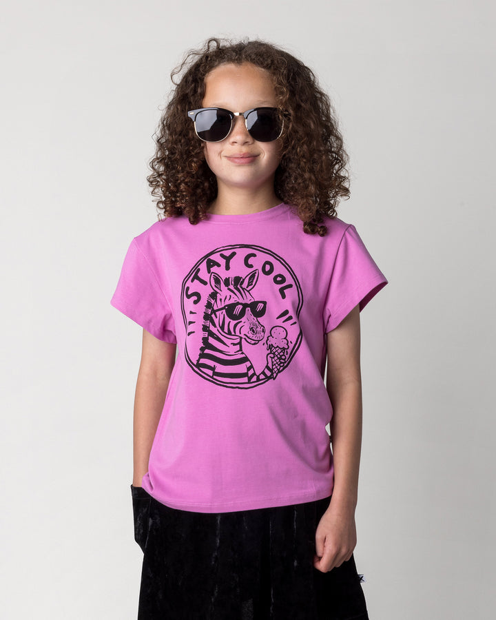 Close up of the Stay Cool Tee in violet on a kid, front view