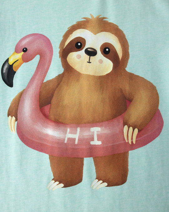Close up of the Swimming Sloth Tee print in mint marle