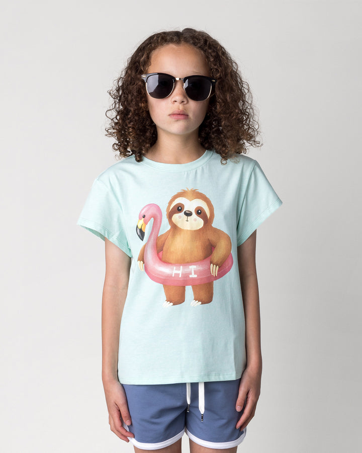 Close up of the Swimming Sloth Tee in mint marle on a kid, front view