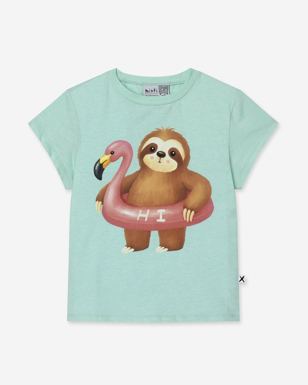 Swimming Sloth Tee in mint marle, girls t shirt by Minti, flat lay
