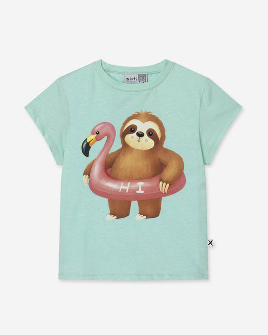 Swimming Sloth Tee in mint marle, girls t shirt by Minti, flat lay