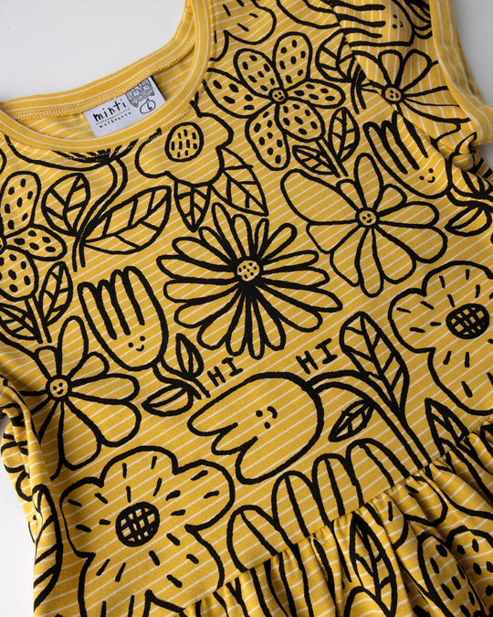 Close up of the Big Flowers Dress print in mustard stripe