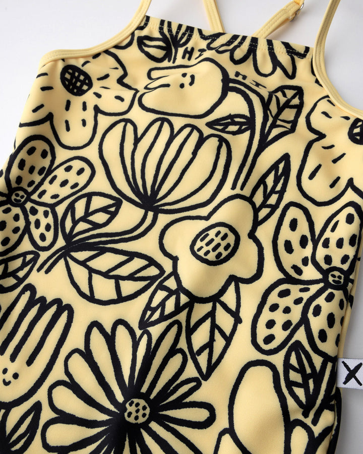 Close up of the Big Flowers Swimsuit print in sunshine