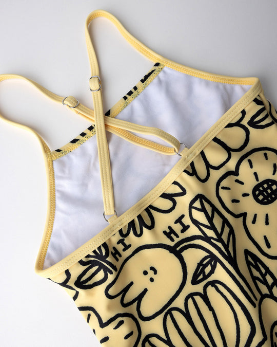 Close up detail of the Big Flowers Swimsuit in sunshine