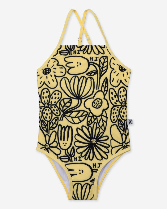 Big Flowers Swimsuit in sunshine, girls swimwear by Minti, flat lay