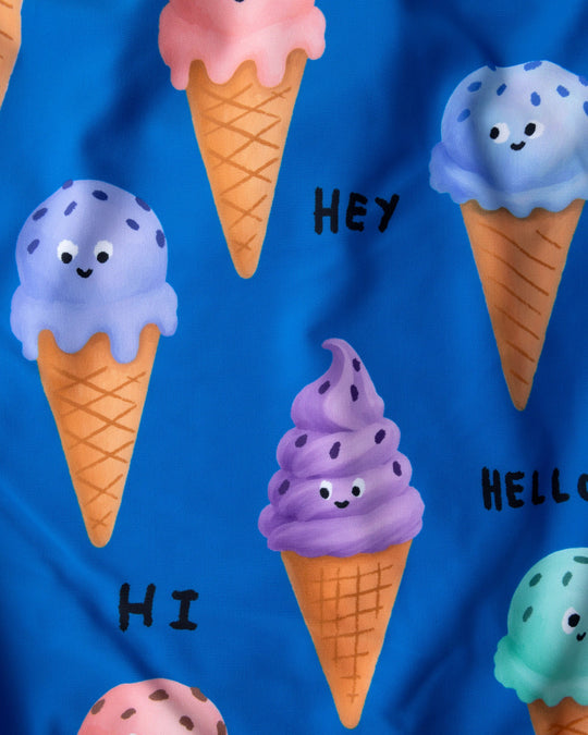 Close up of the Happy Icecreams Swimsuit print in bright blue
