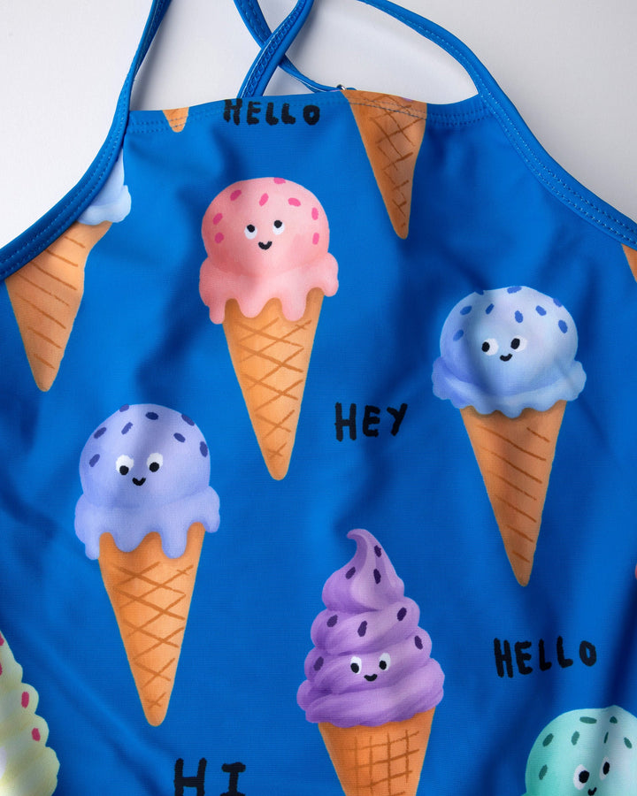 Close up detail of the Happy Icecreams Swimsuit in bright blue