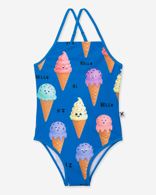 Happy Icecreams Swimsuit in bright blue, girls swimwear by Minti, flat lay