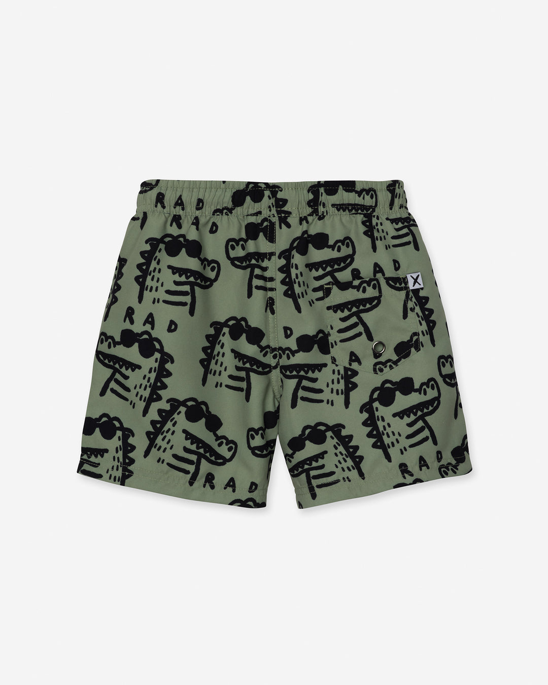 Rad Croc Boardies in khaki, boys board shorts by Minti, flat lay, back view