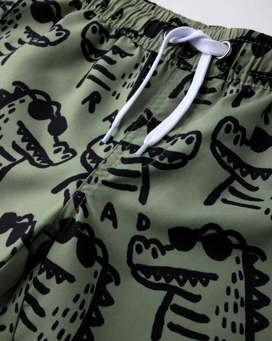 Close up detail of the Rad Croc Boardies in khaki