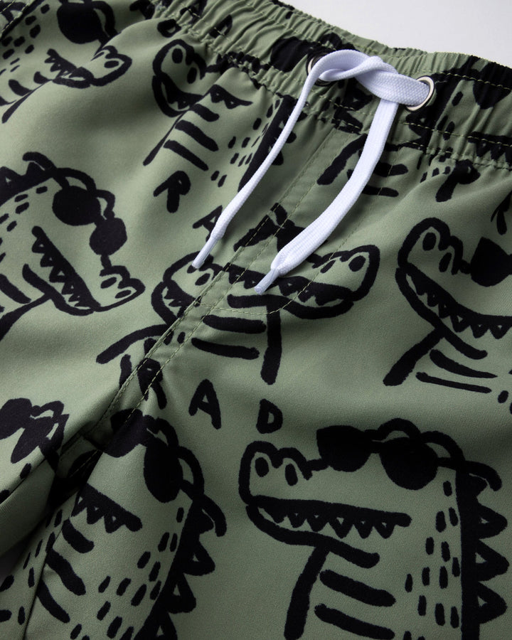 Close up detail of the Rad Croc Boardies in khaki