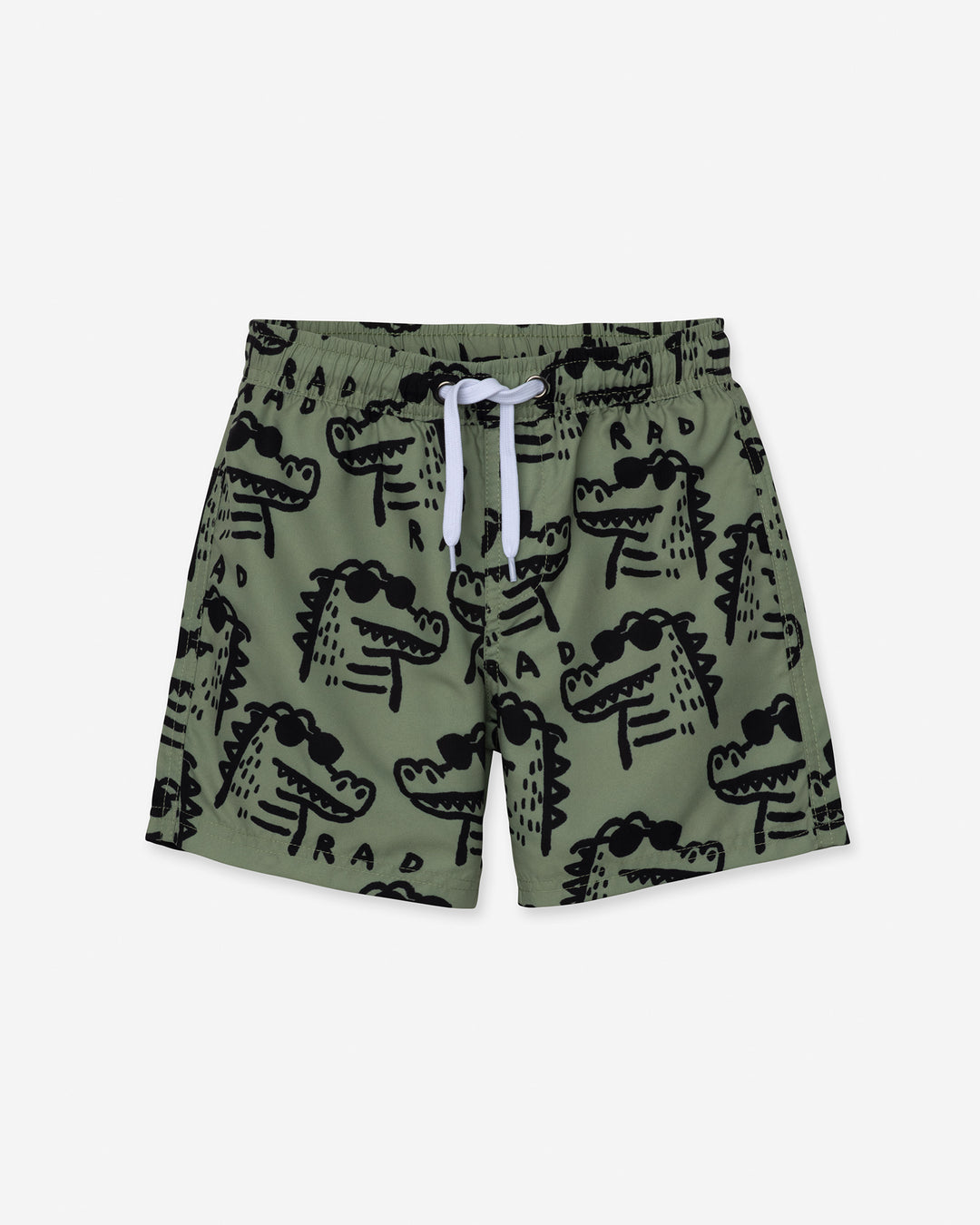 Rad Croc Boardies in khaki, boys board shorts by Minti, flat lay