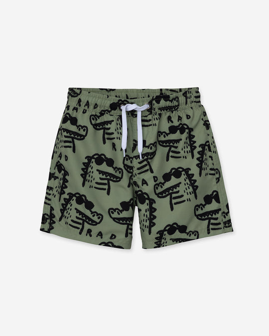 Rad Croc Boardies in khaki, boys board shorts by Minti, flat lay