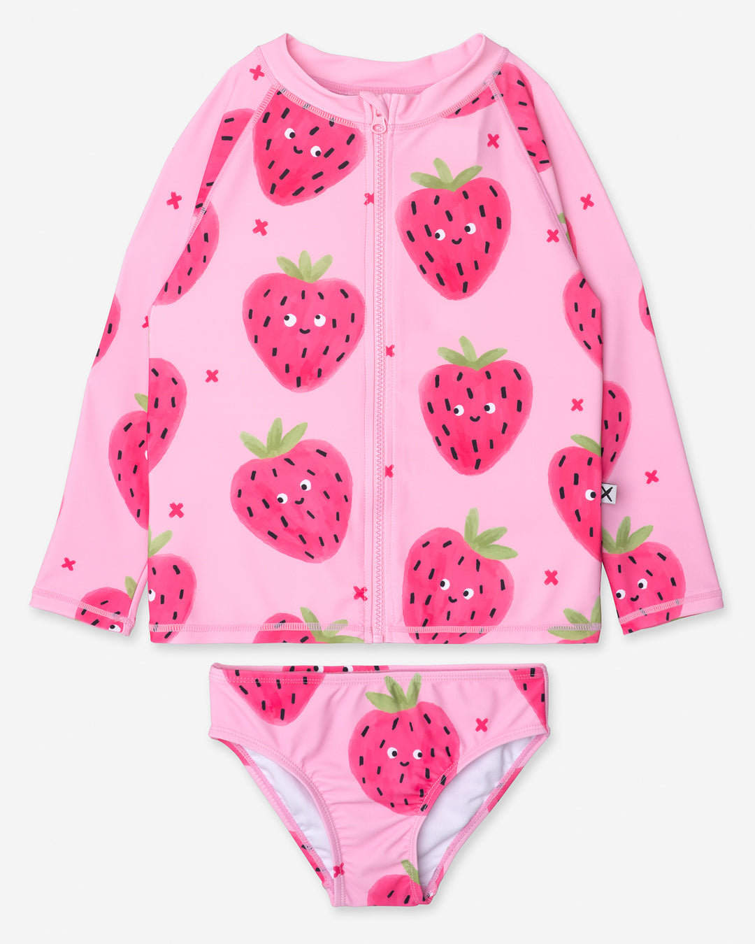 Happy Strawberry Rashie Set in ballet, girls swimwear by Minti, flat lay