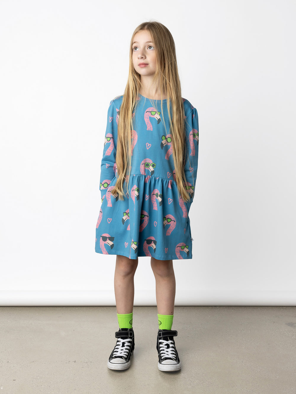 Minti kids clothing. Tshirting weight dress with self cuffs, hidden side pockets and waist seam with ruching detail. 190 Gram // 95% Cotton // 5% Elastane.