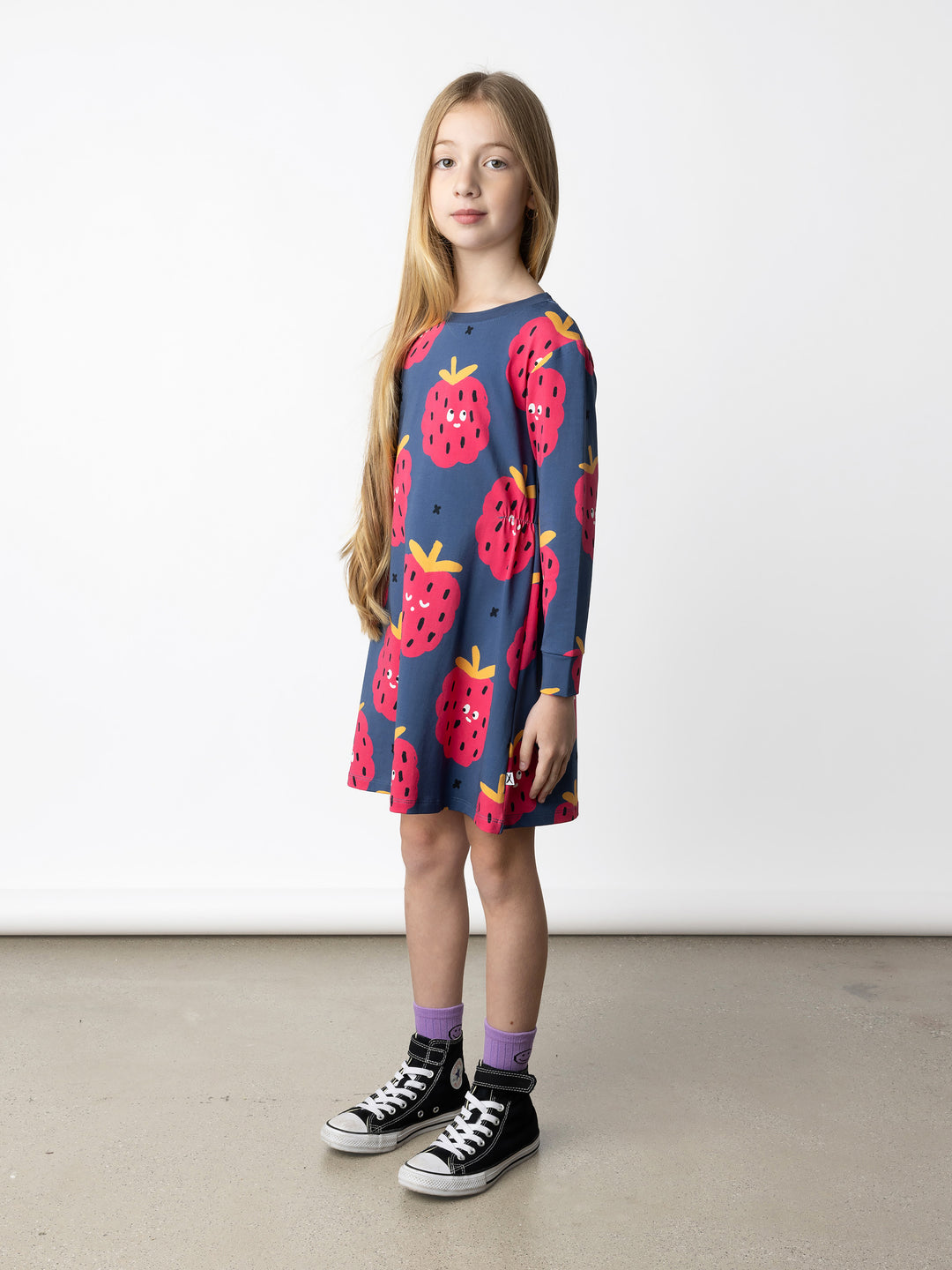 Minti kids clothing. Awesome tshirting weight dress with pinched waist detail. 190 Gram // 95% Cotton // 5% Elastane.