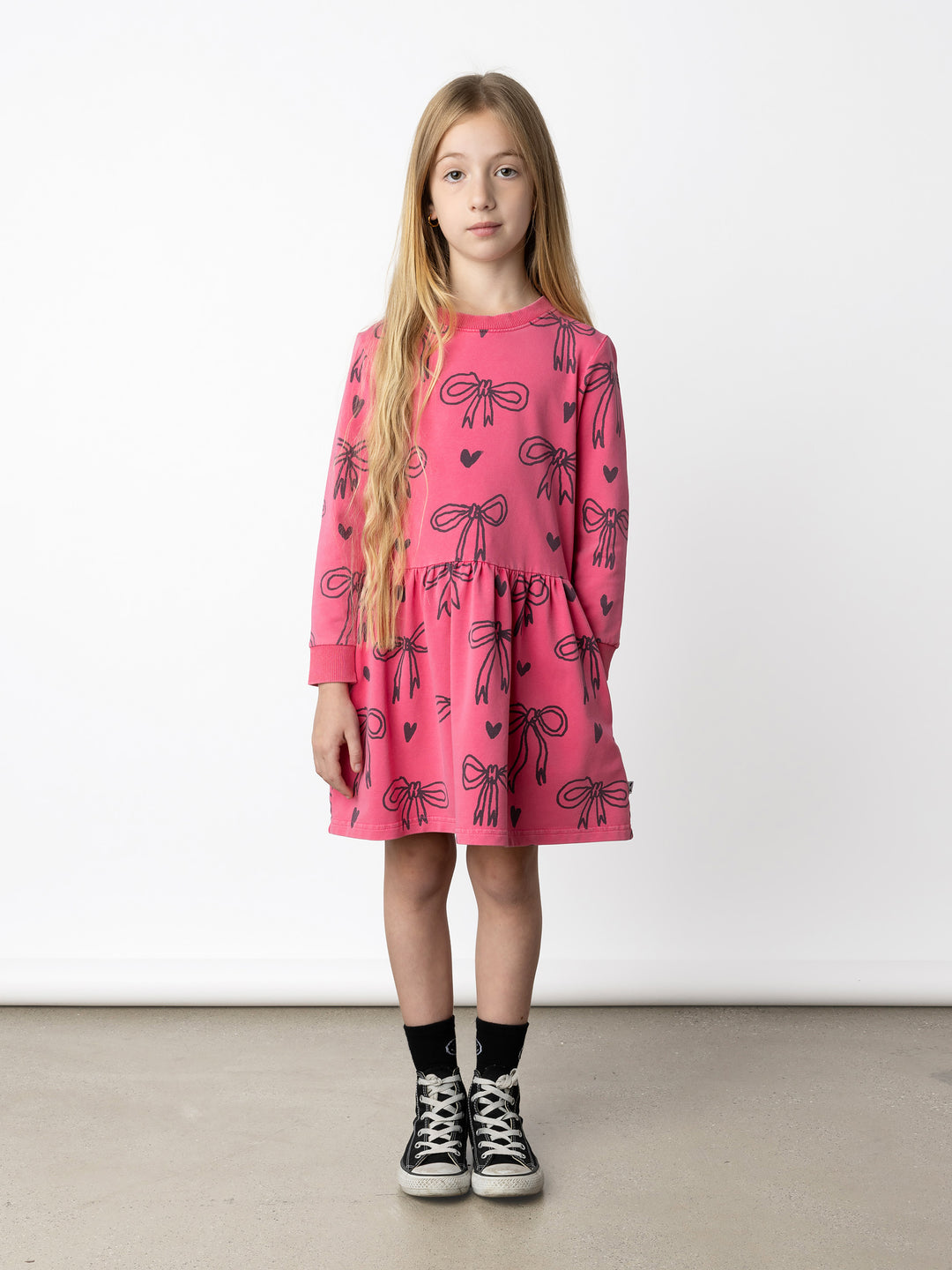 Minti kids clothing. Sweatshirting dress with ruched waist seam and hidden side pockets. 260 Gram // 95% Cotton // 5% Elastane.