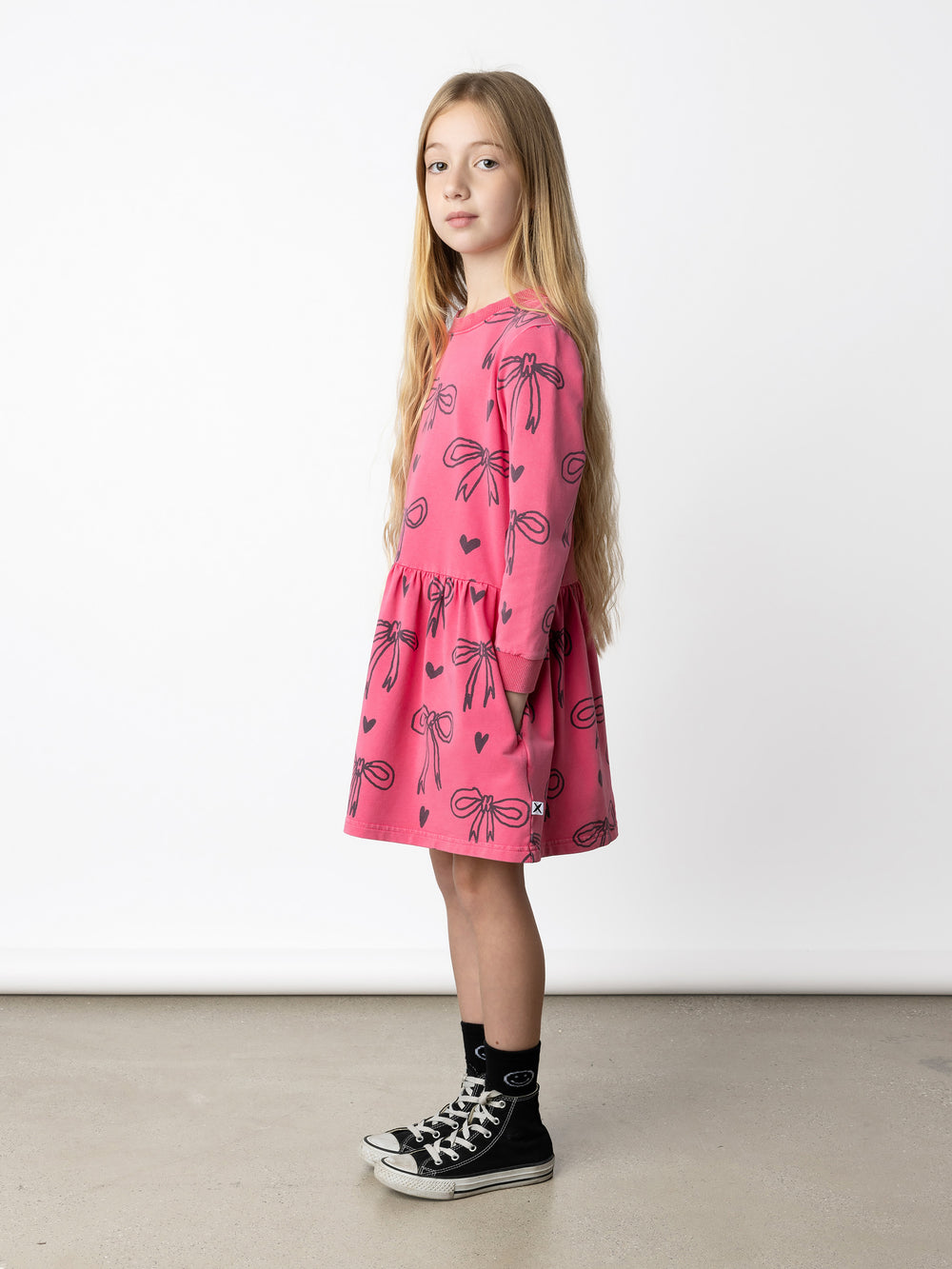 Minti kids clothing. Sweatshirting dress with ruched waist seam and hidden side pockets. 260 Gram // 95% Cotton // 5% Elastane.