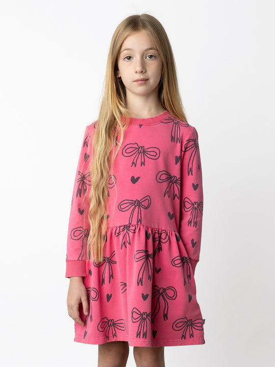 Minti kids clothing. Sweatshirting dress with ruched waist seam and hidden side pockets. 260 Gram // 95% Cotton // 5% Elastane.