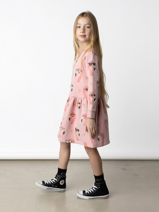 Minti kids clothing. Sweatshirting dress with ruched waist seam and hidden side pockets. 330 Gram // Brushed Inside // 95% Cotton // 5% Elastane.