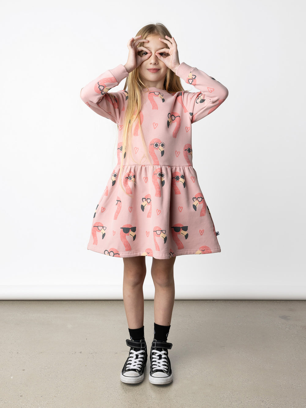 Minti kids clothing. Sweatshirting dress with ruched waist seam and hidden side pockets. 330 Gram // Brushed Inside // 95% Cotton // 5% Elastane.