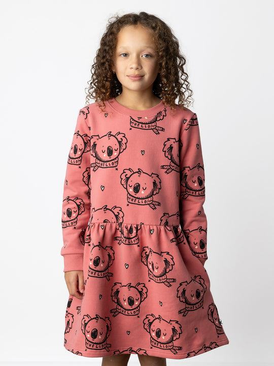 Minti kids clothing. Sweatshirting dress with ruched waist seam and hidden side pockets. 330 Gram // Brushed Inside // 95% Cotton // 5% Elastane.