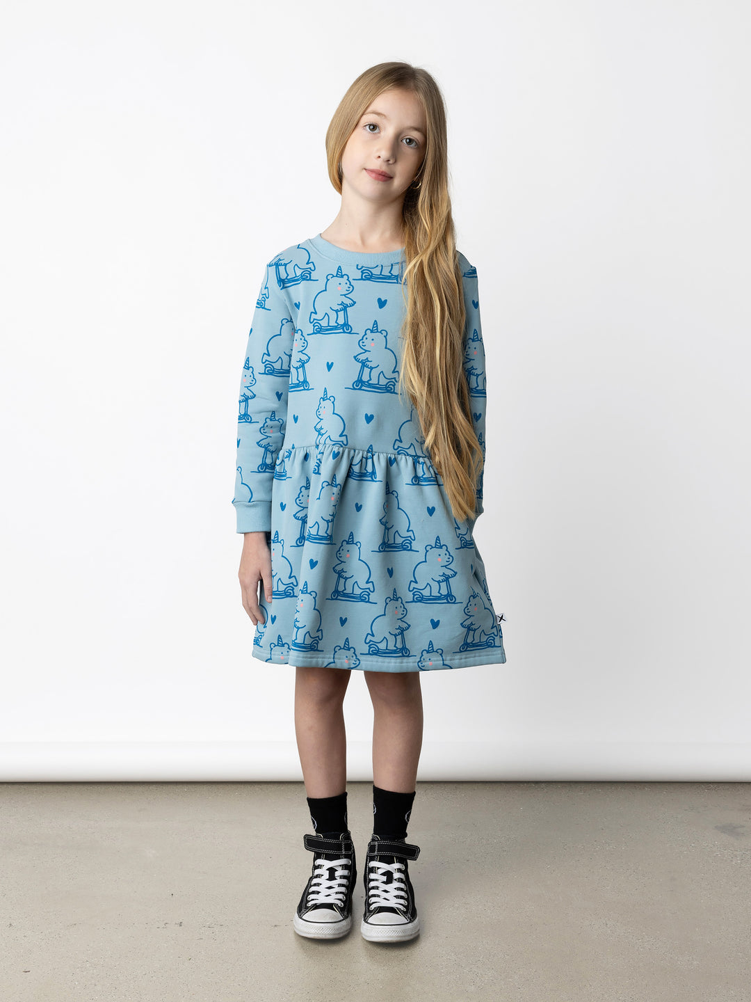 Minti kids clothing. Sweatshirting dress with ruched waist seam and hidden side pockets. 330 Gram // Brushed Inside // 95% Cotton // 5% Elastane.