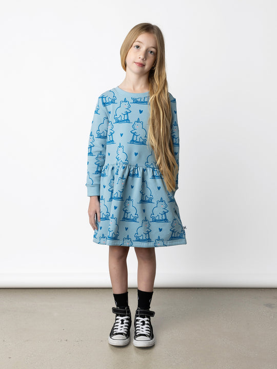 Minti kids clothing. Sweatshirting dress with ruched waist seam and hidden side pockets. 330 Gram // Brushed Inside // 95% Cotton // 5% Elastane.