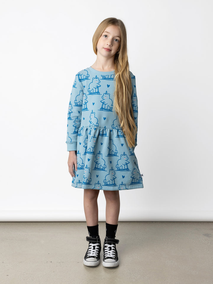 Minti kids clothing. Sweatshirting dress with ruched waist seam and hidden side pockets. 330 Gram // Brushed Inside // 95% Cotton // 5% Elastane.