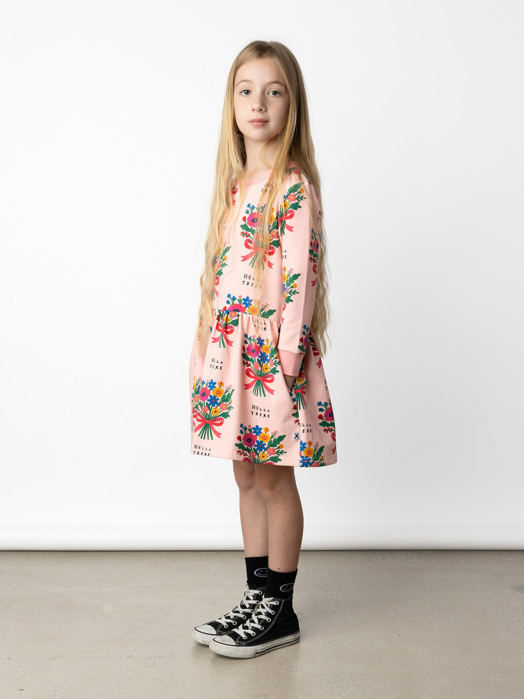 Minti kids clothing. Sweatshirting dress with ruched waist seam and hidden side pockets. 320 Gram // 95% Cotton // 5% Elastane.